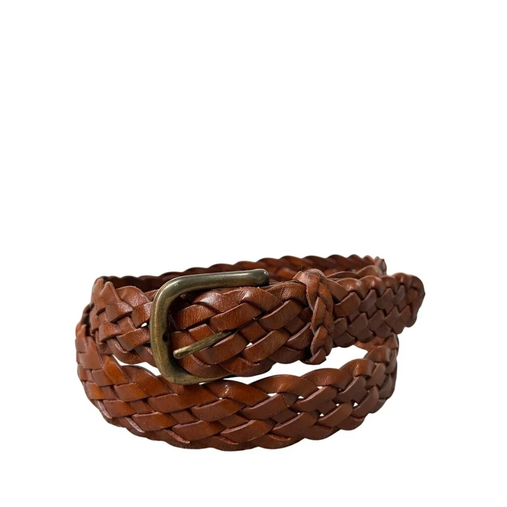 Cognac Brown Woven Braided Leather Belt Brass Buckle Size 44 954048